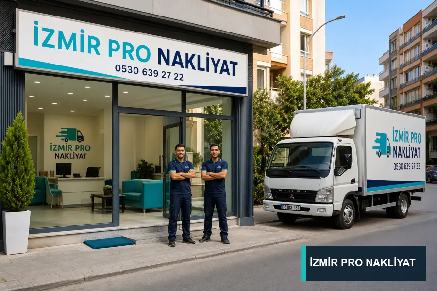 İzmir Pro Nakliyat ofisi, tabelası ve markalı aracı